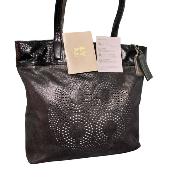 COACH COLETTE BLACK AND GRAY PERFORATED SIGNATURE TOTE - Picture 1 of 15